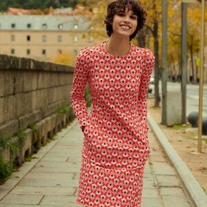 Boden Red Geometric Long Sleeve Dress
